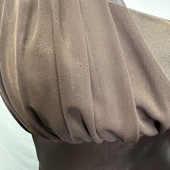 Vintage 90s y2k Blondie Nites Prom Gown Halter Brown Satin Ruffle Jr S Assymetri - Picture 7 of 12